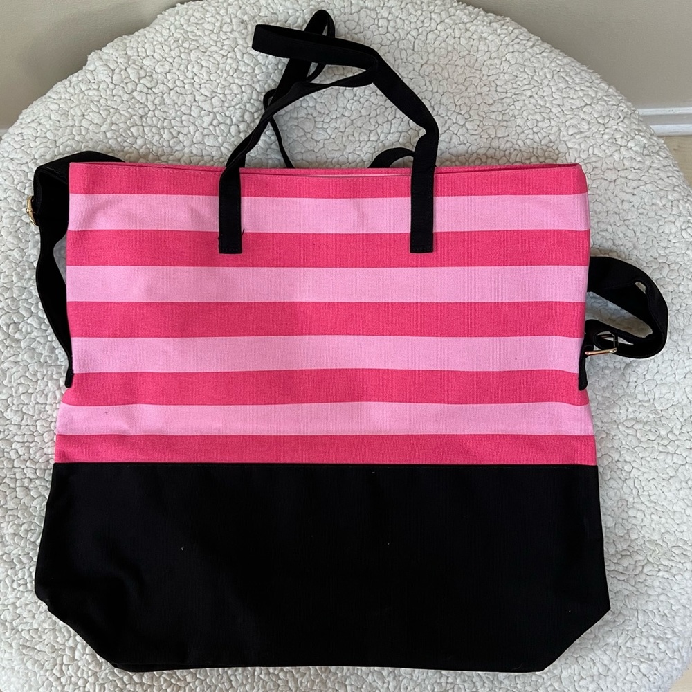 Victoria’s Secret Canvas Black Pink Striped Multi Handle Tote Bag - Picture 4 of 7